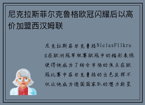 尼克拉斯菲尔克鲁格欧冠闪耀后以高价加盟西汉姆联