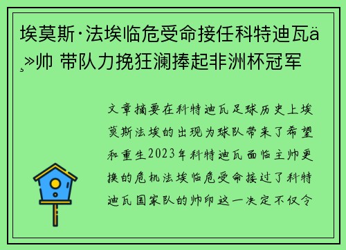 埃莫斯·法埃临危受命接任科特迪瓦主帅 带队力挽狂澜捧起非洲杯冠军 埃莫斯·法埃临危受命接任科特迪瓦主帅 带队力挽狂澜捧起非洲杯冠军