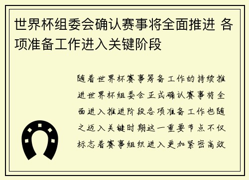 世界杯组委会确认赛事将全面推进 各项准备工作进入关键阶段 世界杯组委会确认赛事将全面推进 各项准备工作进入关键阶段
