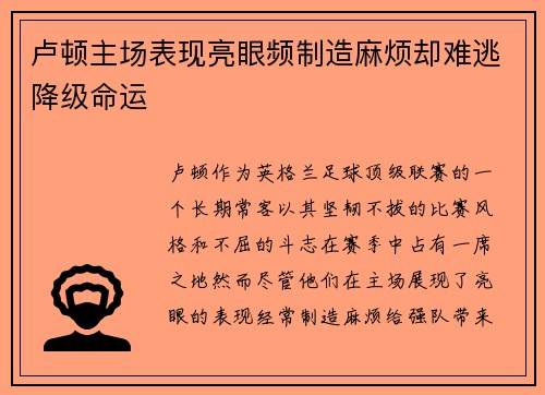 卢顿主场表现亮眼频制造麻烦却难逃降级命运