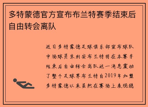 多特蒙德官方宣布布兰特赛季结束后自由转会离队