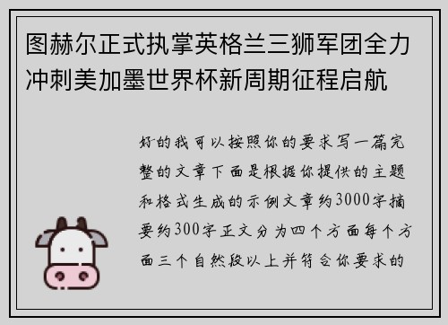 图赫尔正式执掌英格兰三狮军团全力冲刺美加墨世界杯新周期征程启航